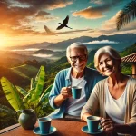 AI Generated A scenic view of a retired couple enjoying coffee on a terrace overlooking Costa Rica’s lush green mountains or a peaceful beach at sunset.