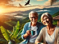 AI Generated A scenic view of a retired couple enjoying coffee on a terrace overlooking Costa Rica’s lush green mountains or a peaceful beach at sunset.