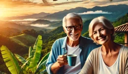 AI Generated A scenic view of a retired couple enjoying coffee on a terrace overlooking Costa Rica’s lush green mountains or a peaceful beach at sunset.