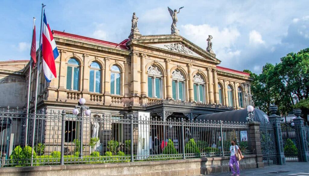 The Costa Rican flag frequently flies in front of the ornate, neoclassical National Theater (Teatro Nacional) in San José,