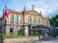 The Costa Rican flag frequently flies in front of the ornate, neoclassical National Theater (Teatro Nacional) in San José,
