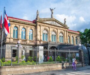 The Costa Rican flag frequently flies in front of the ornate, neoclassical National Theater (Teatro Nacional) in San José,